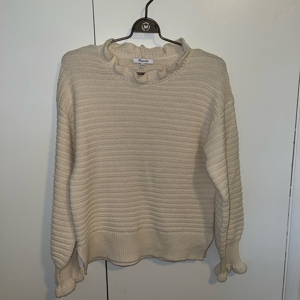 Madewell Ruffle-Neck Pullover Sweater in Cotton-Merino Yarn Size medium cream